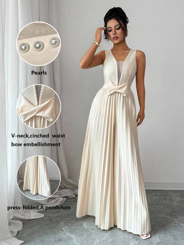 Lyxana 女式无袖 V 领荷叶边珍珠装饰褶皱 A 字形蝴蝶结优雅浪漫连体裤