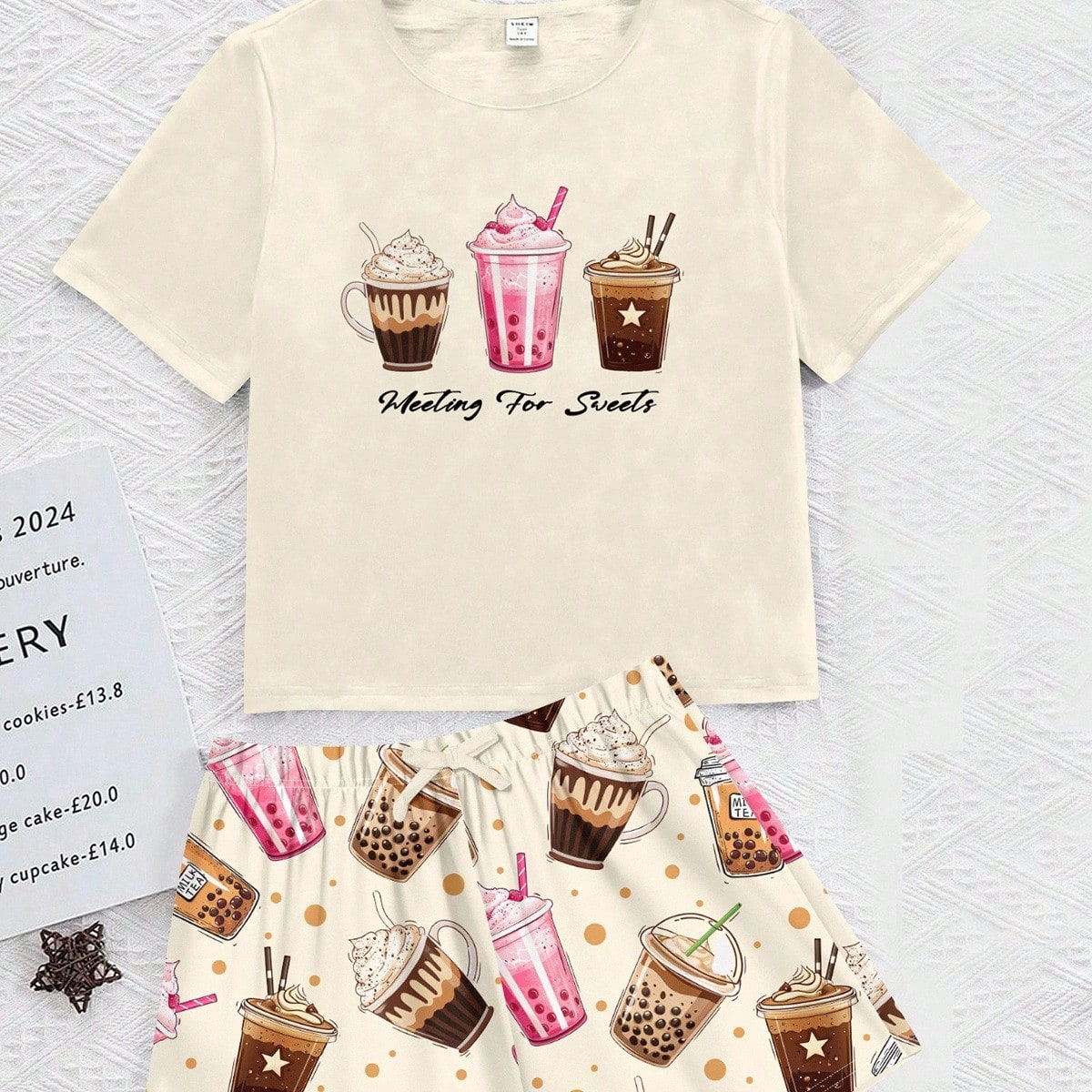 Conjunto de ropa informal y holgada para adolescentes con estampado de boba tea, de manga corta y pantalones cortos, adecuado para primavera y verano