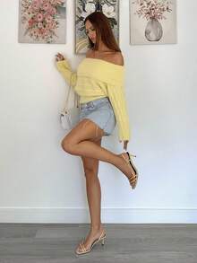 Siren Gaze Suéter amarillo de hombros descubiertos para mujer, suéter casual de punto de unicolor con detalle de torsión en los hombros para mujer - Amarillo - Ver 1