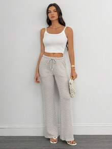 SHEIN Tall 高腰修身女士时尚系带条纹裤 - 彩色 - 查看 1