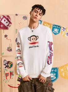 Paul Frank X SHEIN 男士休闲日常街头服饰卡通字母图案落肩宽松套头衫，春秋季 - 白色 - 查看 4