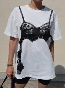 DAZY Débardeur court décontracté en patchwork de dentelle pour femmes - Blanc - Voir 4