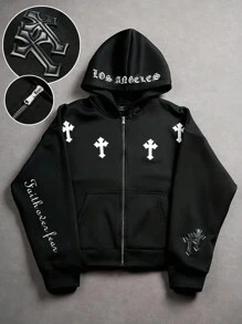 Manfinity EMRG 男士休闲户外风衣夹克，带十字架印花和皮革贴片，街头风格，连帽拉链设计，适合日常穿着、郊游、学校、派对、音乐节。可作为礼物送给朋友、男朋友、信仰战胜恐惧连帽衫、哥特式连帽衫、基督教连帽衫、基督教街头服饰、十字架连帽衫、基督教拉链连帽衫、宗教连帽衫、秋季、垃圾摇滚