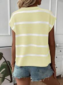 EMERY ROSE 女士休闲宽松圆领插肩无袖针织背心，时尚条纹拼布套头毛衣背心，秋冬 - 杏色 - 查看 2