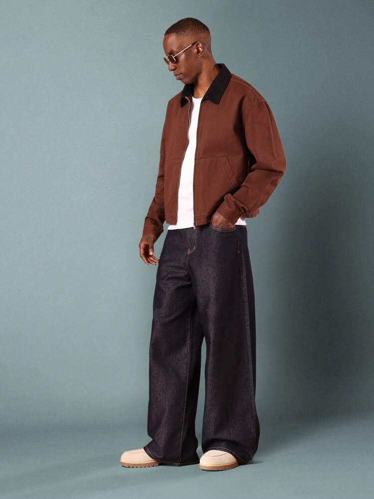 SUMWON Classic Harrington Jacket With Contrast Collar Canvas Work Wear Zip Up Outerwear Oversized Wide Fit Lightweight Fall Spring Streetwear Fashion