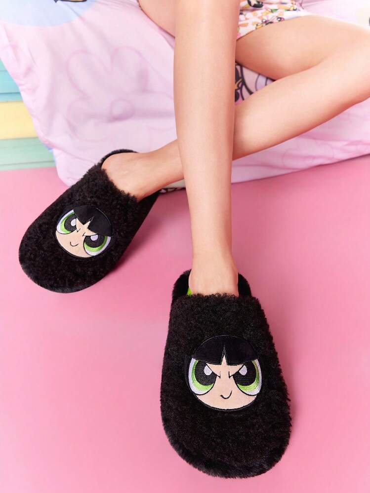 THE POWERPUFF GIRLS X SHEIN 时尚卡通刺绣毛茛防滑室内拖鞋女童柔软毛绒保暖冬季可爱家居鞋花朵、泡泡和毛茛，耐用鞋底，居家卧室空调房春秋冬 - 黑色 - 查看 7