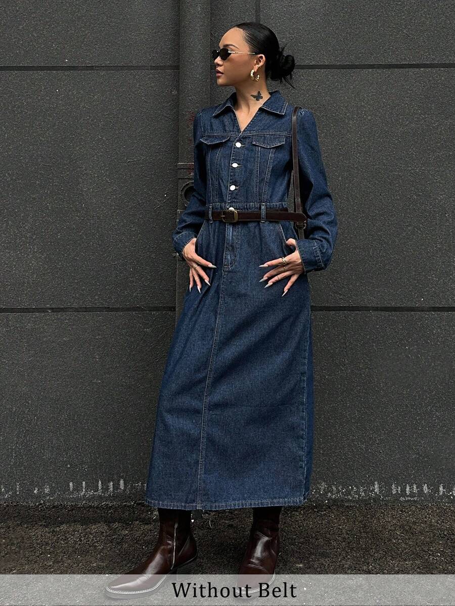 DAZY Women's Street Style Pocketed Long Sleeve Denim Dress - Blue - View 1