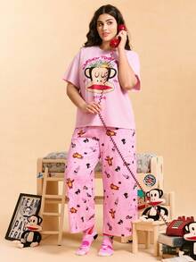 Paul Frank X SHEIN 大码卡通图案圆领短袖上衣和长裤睡衣套装