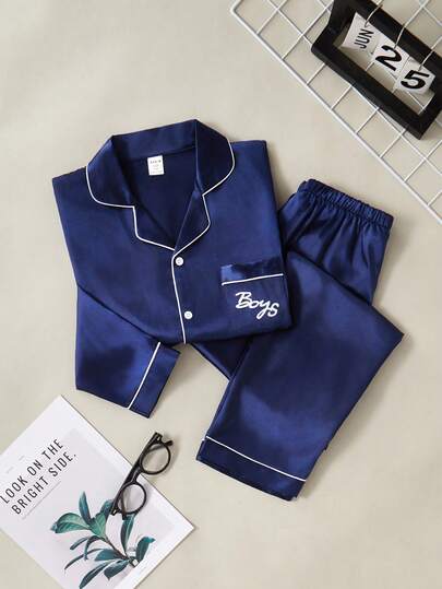 Set de pijama de 2 piezas con pantalón y top de manga larga con estampado de bolsillo, color azul marino, para niños, primavera/otoño