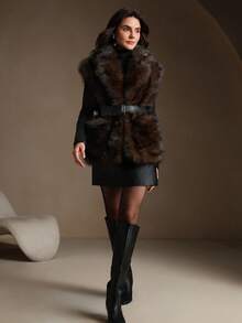 Anewsta 人造毛皮背心配皮带毛绒缺口翻领舒适冬季外套秋季、冬季、外出、优雅、别致、正式、圣诞节、婚礼、优雅派对 - 棕色 - 查看 9