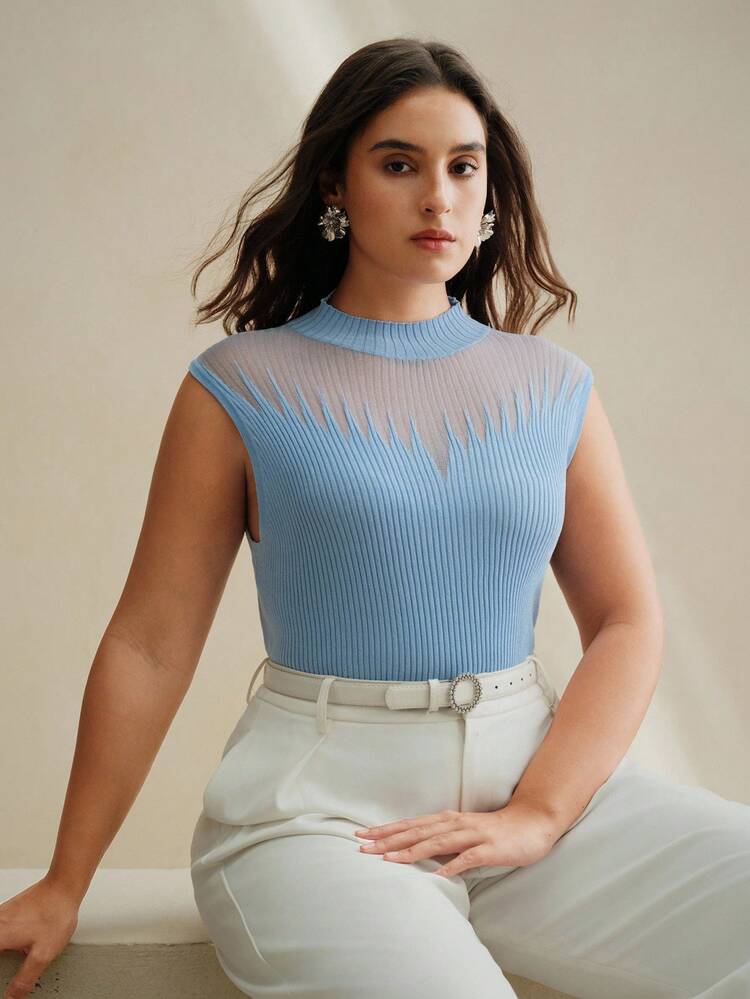 Anewsta Crop top transparente y sexy de talla grande - Celeste - Añade 6
