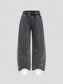 Girls' Casual Elegant Distressed Rhinestone Washed Loose Fit Jeans - Grey - View 1