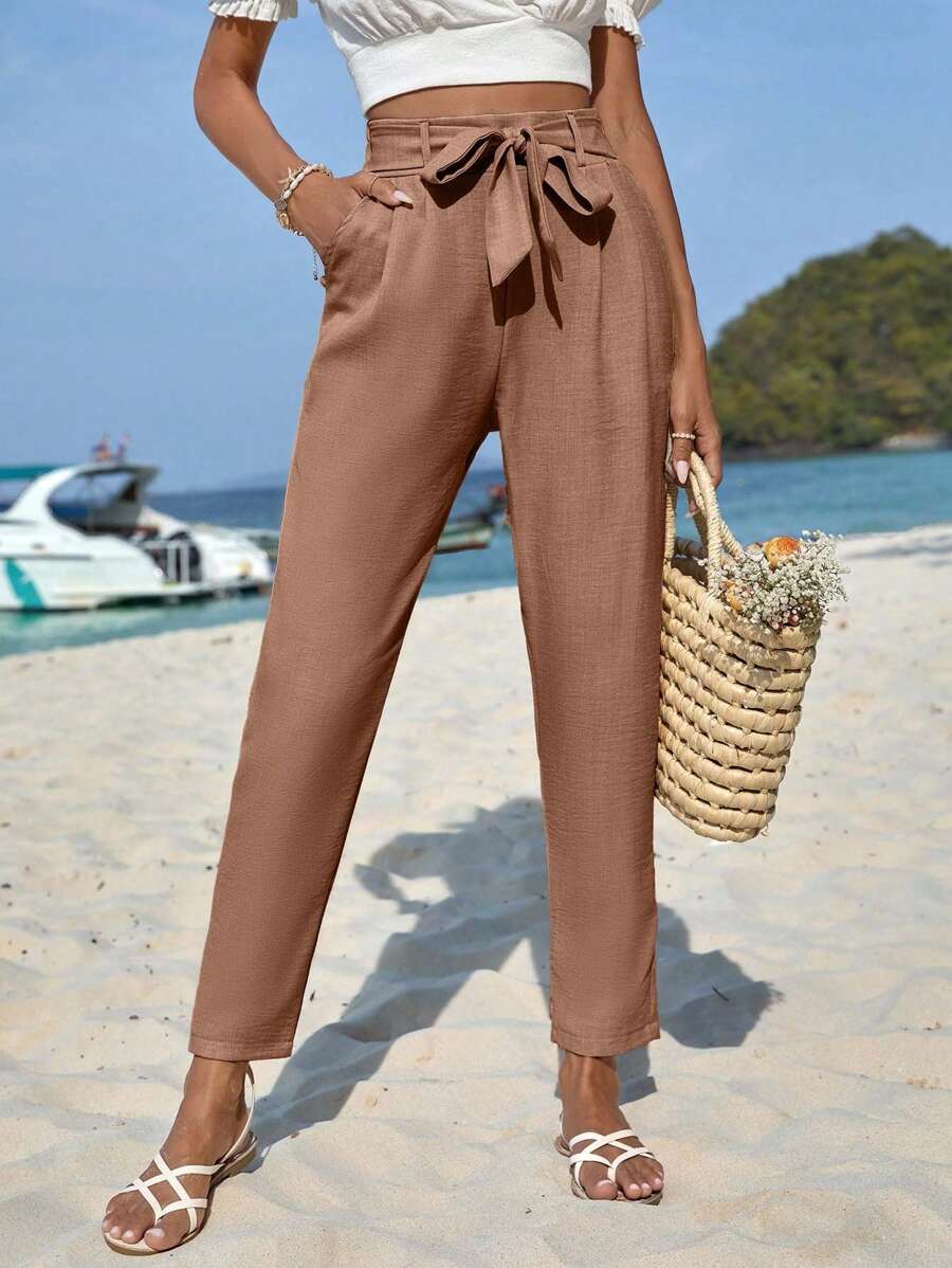 EURMUSE Solid Belted Carrot Pants - Khaki - View 1