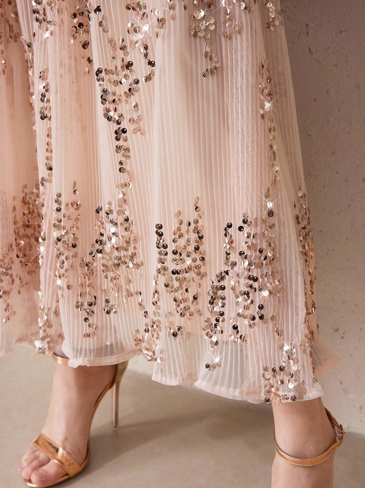 Modelyn Vestido maxi elegante con cuello cuadrado, mangas farol, plisado y dobladillo con lentejuelas para mujer - Rosa - Añade 8