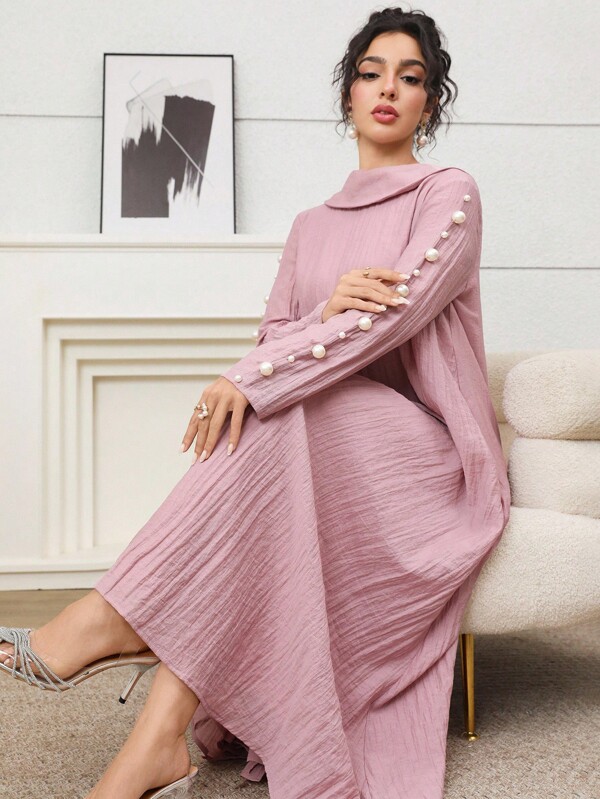 Yasmyna Women's Solid Color Faux Pearl Decor Long Sleeve Loose Elegant Arabic Style Dress