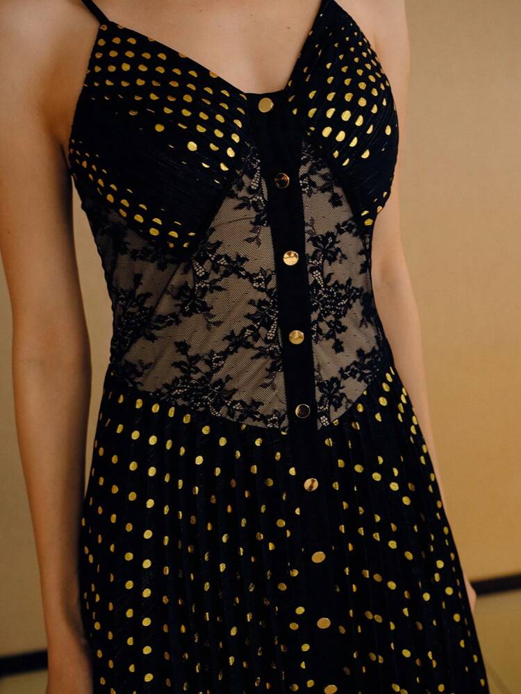 GOLD POLKA DOT PRINT SHEER LACE INSERT SLIP LONG DRESS