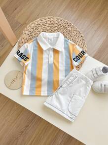 Baby Boy Colorful Striped Collared Short Sleeve Half-Opened Jumpsuit With Side Pockets Casual Shorts Two-Piece Set - Multicolor - View 4