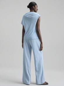 Ontre 2 件套女士不对称短袖宽松上衣和裤子套装，都市通勤，优雅舒适，简约时尚，适合城市聚会、海岛派对、度假、海岛音乐节、教师节、商务休闲 - 藍色 - 查看 3