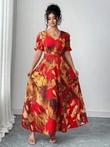 Elenzga 大码女式优雅 V 领褶饰腰部中长连衣裙，夏季 - 紅色 - 查看 2