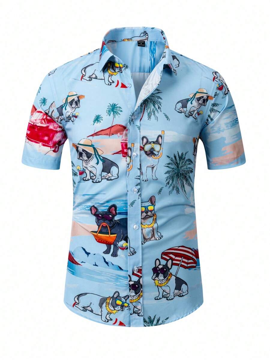 Genlund Men's Casual Vacation Tropical Dog Print Short Sleeve Shirt - Baby Blue - View 1