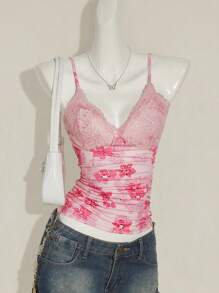 Sweetina Women's Y2K Summer Women Going Out Elegant Floral Print Contrast Easter Top, Everyday Wear Lace Camisole - Pink - View 1