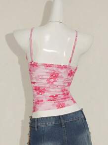 Sweetina Women's Y2K Summer Women Going Out Elegant Floral Print Contrast Easter Top, Everyday Wear Lace Camisole - Pink - View 2