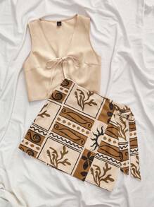 Travachic 多色短款两件套，搭配 V 领上衣和拉链波西米亚风半身裙，两件套女士夏季套装，波西米亚风两件套，棕褐色两件套沙漠装，编织图案印花，女士休闲夏季度假装，波西米亚海滩度假装，波西米亚风时尚，节日装，女士海滩装，女士夏季装，毕业装，女士生日装，海滩必备品，女士机场装，欧洲夏季装，女士乡村装，返校装，返校节装，老钱风格女士，街头女士，Y2k，夜间外出，秋季服装，冬季服装，可爱，外出装 - 彩色 - 查看 6