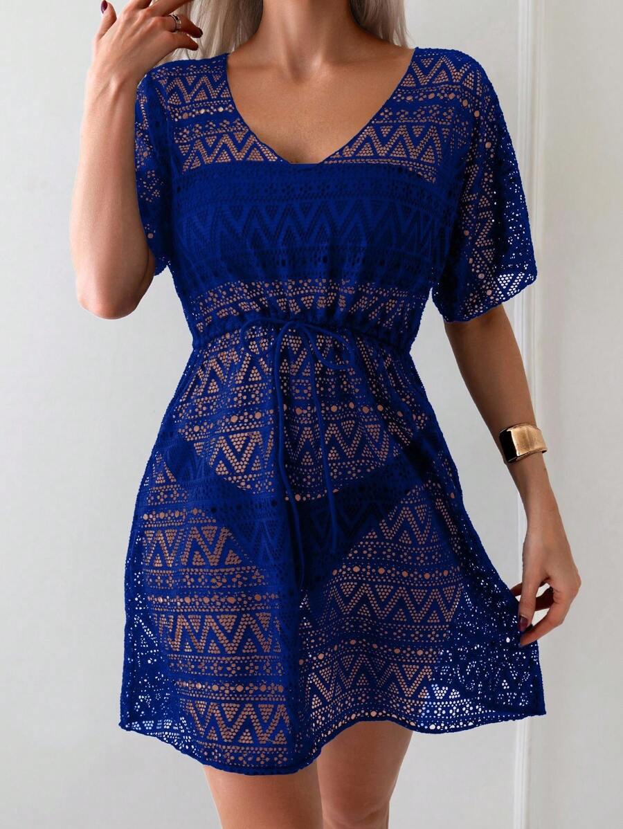 SHEIN Swim Women's Solid Color Hollow Out Sheer Beach Cover Up For Summer Beach Vacation - Royal Blue - View 1