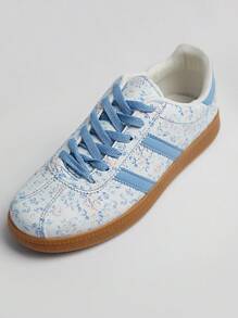 Solezae 女士舒适花卉印花平底日常梦幻休闲基本款可爱 PU 蓝色运动鞋 - 藍色 - 查看 5