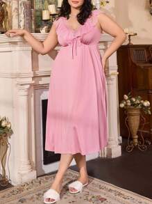 Plus Size Elegant Lace Patchwork Loose Casual French Style Nightgown - Pink - View 1