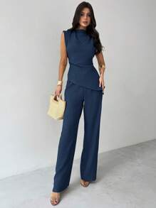 Firerie 卡其色简约优雅休闲通勤办公室服装：无袖不对称褶皱腰女式衬衫 + 常规褶皱阔腿女式裤子、亚麻通勤套装、女士沙滩装、机场装、度假装、教师装 - 藏蓝色 - 查看 6