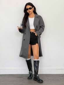 SHEIN PETITE 休闲时尚百搭通勤简约女式风衣秋冬灰色风衣 - 灰色 - 查看 3