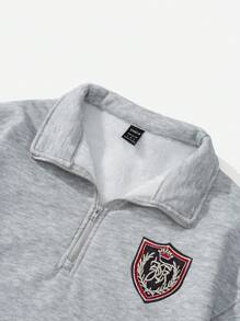 SHEIN Attitoon Sudadera con capucha de forro polar de cuello alto con media cremallera, ajuste holgado, con bordado de escudo minimalista casual, adecuada para otoño/invierno, vuelta al colegio, estilo universitario, uniforme escolar - Gris - Ver 7
