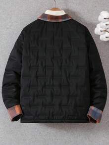 1pc Boys' Loose Fit Padded Plaid Patchwork Casual College Style Padded Coat, Autumn/Winter Fall - Black - View 2