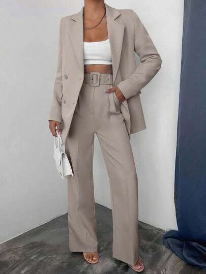 EURMUSE Damski jednolity kolor, kołnierz z klapami, długi rękaw, kurtka i spodnie, swobodny zestaw garniturowy