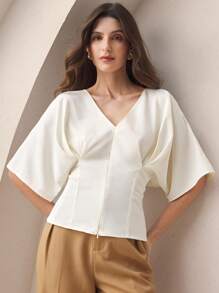 BizChic 2025 年夏季新品女士休闲商务优雅连衣裙，适合海滩度假、婚礼宾客、乡村音乐节、早午餐、机场，90 年代复古斯德哥尔摩风格，极简主义美国独立精神，修腰白色衬衫 - 米色 - 查看 8