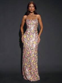 SHEIN BAE 女款粉色花卉夏季70年代復古夜生活派對亮片細肩帶洋裝，優雅後開衩直筒長裙，適合婚禮賓客、生日正式場合 - 彩色 - 查看 6