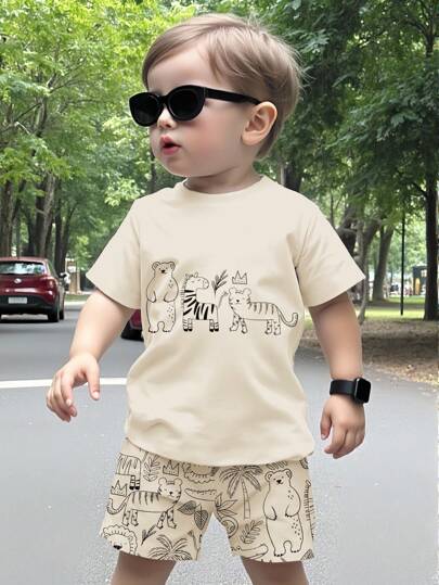 SHEIN Cute Multicolor Baby Boys Animal Printed Co-Ords With Round Neck And Shorts Baby Boy Summer Clothes Baby Boy Clothes Summer Sets Summer Wear For Boys Baby Boy Casual Short Sleeve Baby Boy Summer Outfit