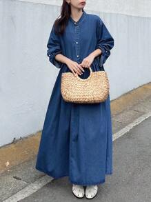 FRIFUL 女式休闲宽松牛仔连衣裙 - 深色水洗藍 - 查看 4