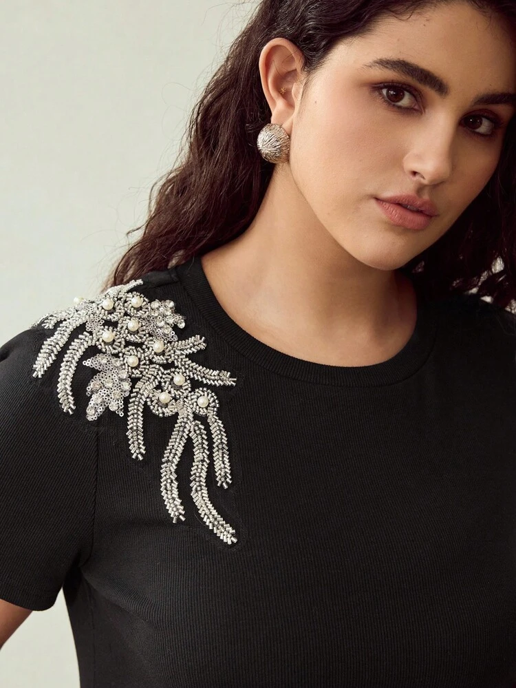 CHRISTMAS PLUS SIZE FAUX PEARL DETAIL SHORT SLEEVE T-SHIRT