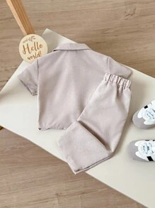 Baby Boy Solid Color Turn-Down Collar Short Sleeve Cardigan Top And Pants Set - Apricot - View 2
