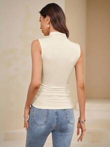 Amorya 高领无袖上衣，后背褶裥设计，商务休闲女装，适合夜间外出、教师、教堂活动等夏季穿着。 - 杏色 - 查看 2