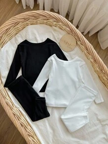 4pcs Baby Boy Snug Fit Casual Long Sleeve Top And Pants Soft Elastic Bodysuit Set - Black and White - View 2