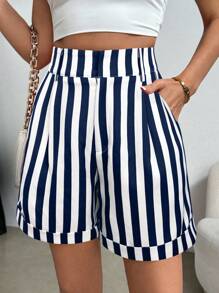 SHEIN Clasi 大码女式夏季休闲日常度假通勤撞色条纹印花高腰侧袋宽松短裤 - 藍色 - 查看 5