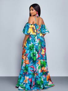 SOLERSUN Đầm xòe dáng rộng tay ngắn viền lá sen phong cách mới mùa xuân hè cỡ lớn, xếp ly rộng rãi, dáng suông, thanh lịch, thoải mái, kỳ nghỉ, cây hoa gợi cảm, thời trang dành cho nữ - Màu xanh lam - Xem 2