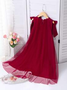 Vestido de Tule com Babados Florais e Decoração de Pérolas, Elegante para Meninas - Vinho - Visão 2