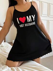 Napfluff CURVE Napfluff CURVE Plus Size Solid Color Knit Camisole Nightgown With Heart & Letter Print, Fitted Women Nightdress Short Nightgown Cute Nightgown Sleep Dress - Black - View 5