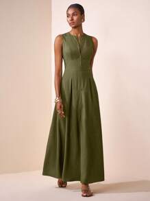 Zivah 2025夏秋新款休闲优雅绿色圆领无袖半开拉链大A字伞裙女式超长连衣裙，日常、购物、返校、穿搭、度假、派对、聚会、通勤皆宜。 - 橄欖綠 - 查看 7
