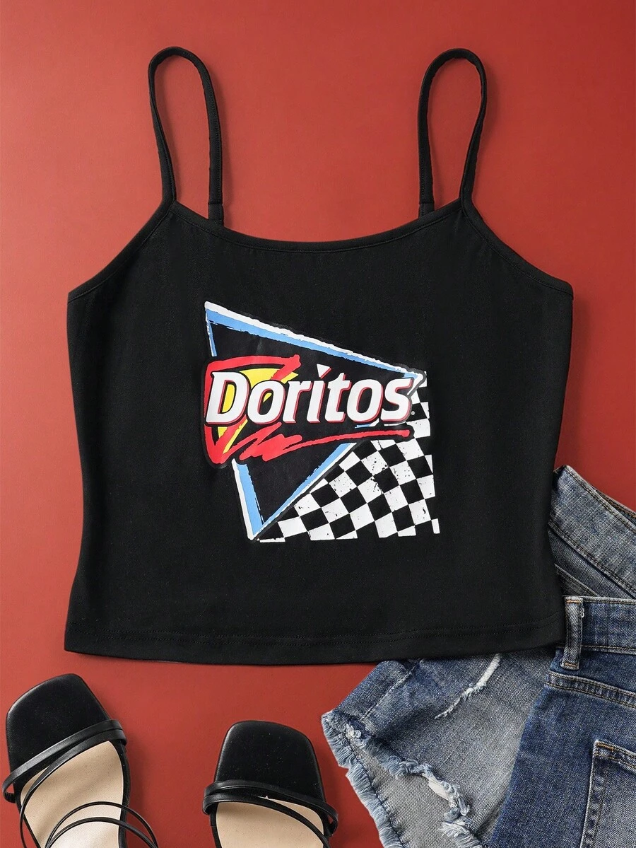 Doritos X SHEIN Women's Letter & Checkered Pattern Camisole Top 90s Top Short Tops Party Tops Women - Black - View 1
