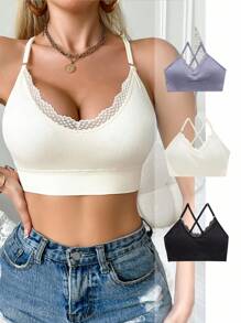 SHEIN 3 Stücke/Set Damen Standard Größe Spitze Patchwork BH Wäsche Set - Verschiedenfarbig - Übersicht 3
